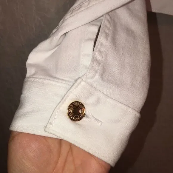 MK L White with Gold Tone Buttons Crop Denim Jacket - Picture 11 of 12